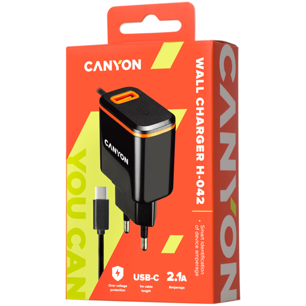 CANYON H-042 Universal 1xUSB AC charger (in wall) with over-voltage protection, plus Type C USB conn