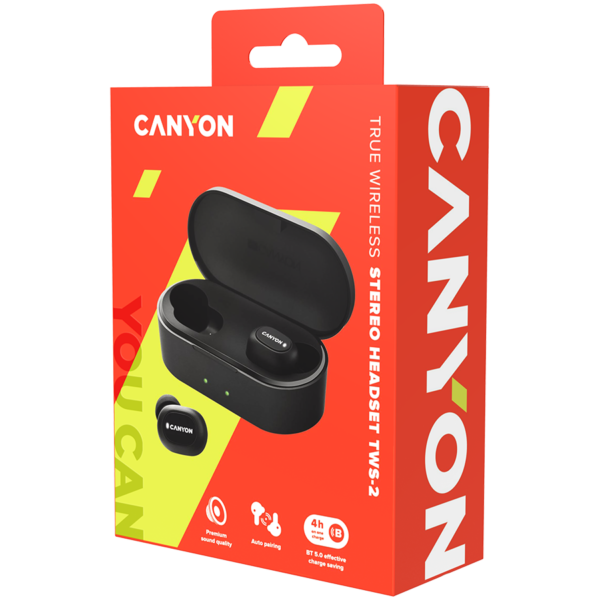 CANYON TWS-2 Bluetooth sport headset, with microphone, BT V5.0, RTL8763BFR, battery EarBud 43mAh*2+C