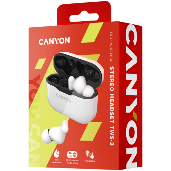 CANYON TWS-3 Bluetooth headset, with microphone, BT V5.0, Bluetrum AB5376A2, battery EarBud 40mAh*2+