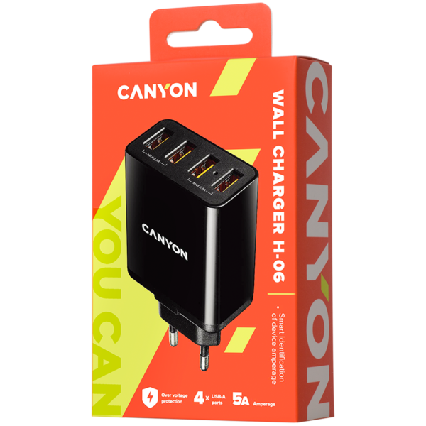 CANYON H-06 Universal 4xUSB AC charger (in wall) with over-voltage protection, Input 100V-240V, Outp