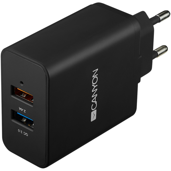 CANYON H-07 Universal 2xUSB AC charger (in wall) with over-voltage protection(1 USB with Quick Charg