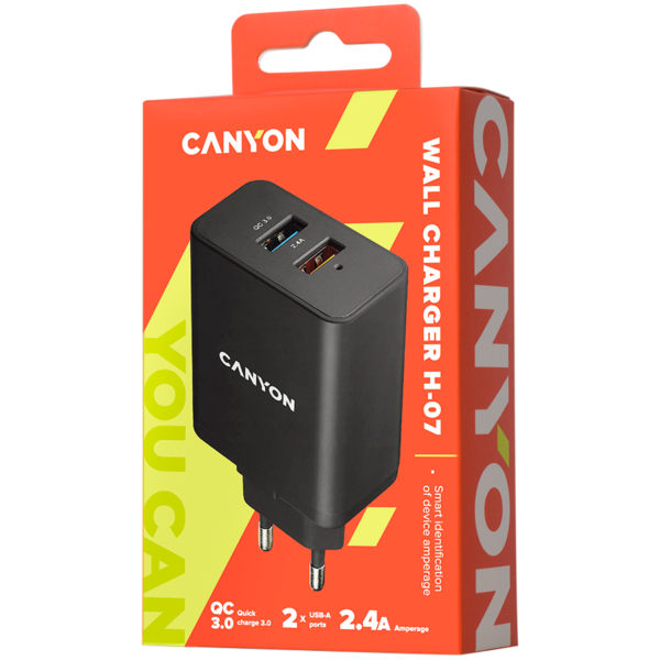 CANYON H-07 Universal 2xUSB AC charger (in wall) with over-voltage protection(1 USB with Quick Charg