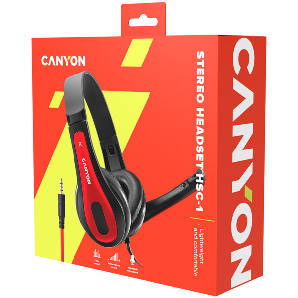 CANYON HSC-1 basic PC headset with microphone, combined 3.5mm plug, leather pads, Flat cable length