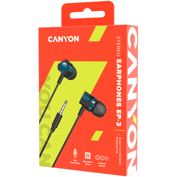 CANYON EP-3 Stereo earphones with microphone, Green, cable length 1.2m, 21.5*12mm, 0.011kg