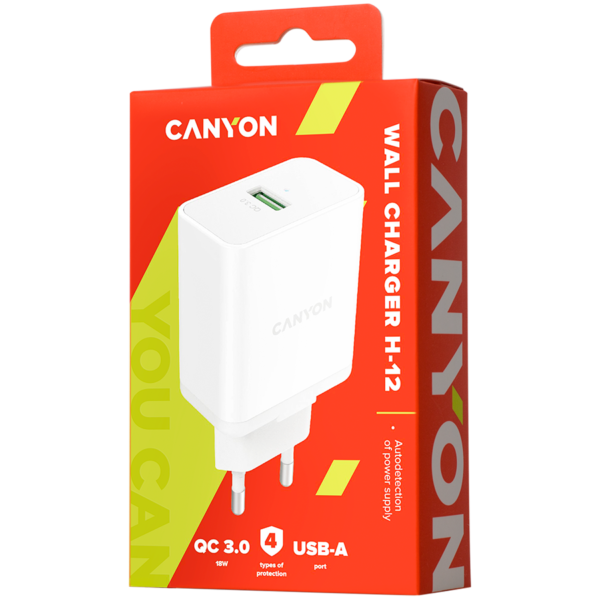 Canyon, Wall charger with 1*USB, QC3.0 18W, Input: 110V-240V, Output:Output: DC 5V/3A,9V/2A,12V/1.5A