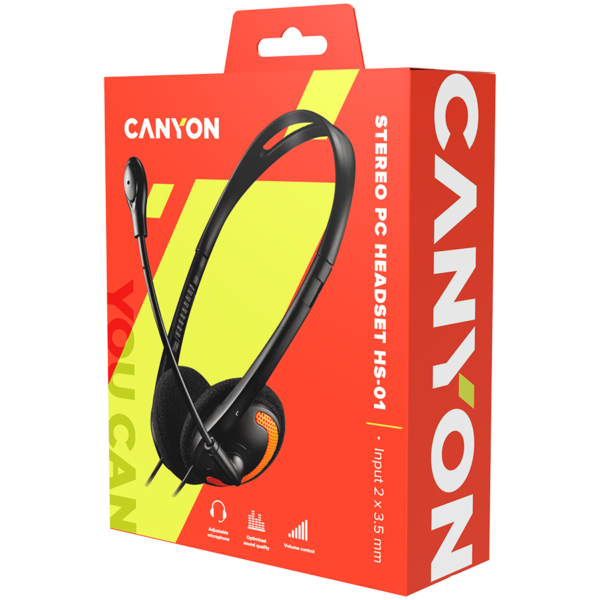 CANYON HS-01 PC headset with microphone, volume control and adjustable headband, cable length 1.8m,