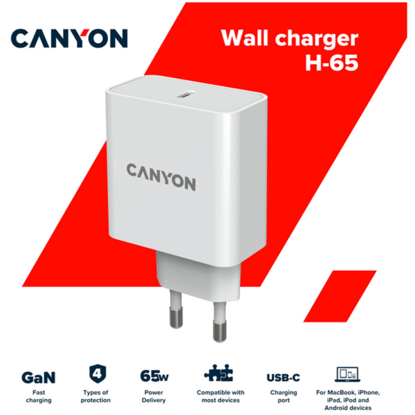 CANYON H-65, GAN 65W charger  Input:  100V-240V Output: 5.0V3.0A /9.0V3.0A /12.0V-3.0A/ 15.0V-3.0A /