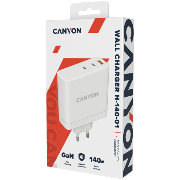 CANYON H-140-01, Wall charger with 1USB-A, 2 USB-C. Input:100-240V~50/60Hz, 2.0A Max. USB-A Output: